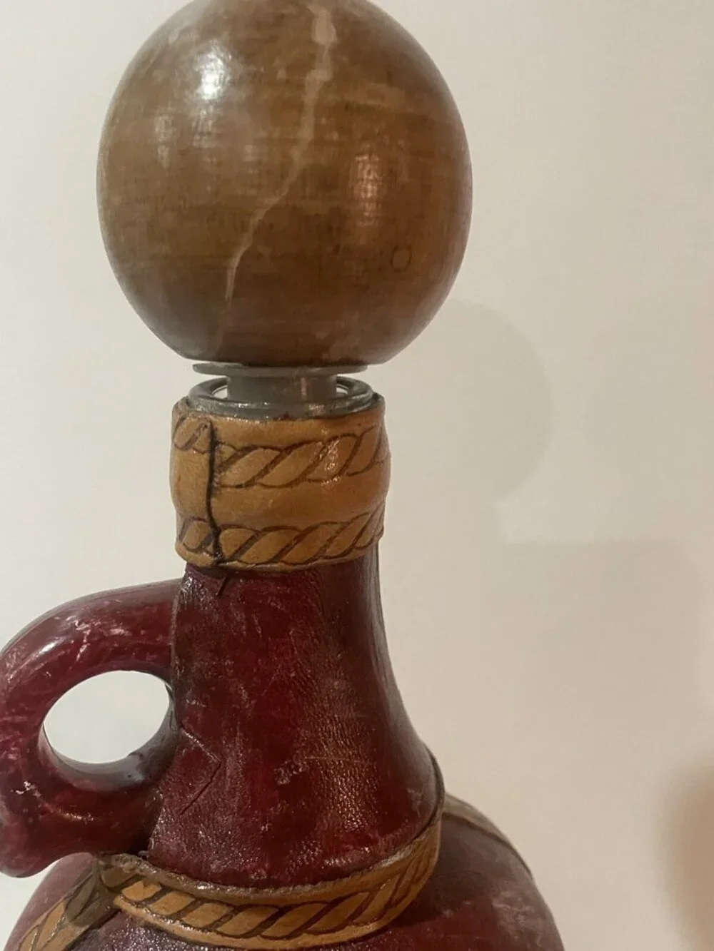 Fausto Corduri-Leather Wrap Nautical Liquor Bottle w Clipper Ship Flag Wood Top